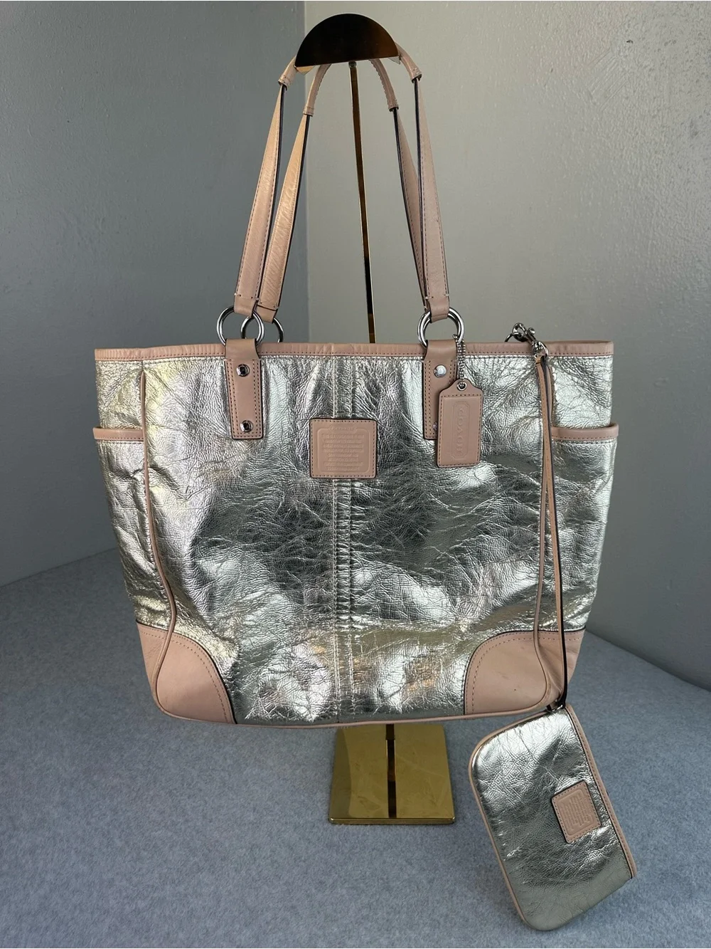Coach Metro Tote Bag Crinkled Metallic Textured Purse & Matching Wristlet